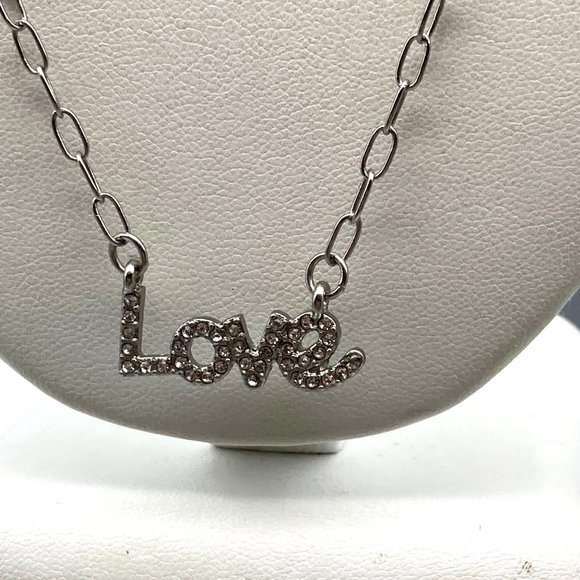 Retro Sparkle Love Spellout Necklace, Silver Tone Dainty Chain with Pave Crystal - Picture 2 of 4